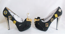 Lade das Bild in den Galerie-Viewer, Sherlock Holmes Black Gold Miniature Custom Glitter Shoe High Heel Size 3 4 5 6 7 8  Platform UK Women hat art mystery crime detective new
