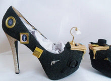 Lade das Bild in den Galerie-Viewer, Sherlock Holmes Black Gold Miniature Custom Glitter Shoe High Heel Size 3 4 5 6 7 8  Platform UK Women hat art mystery crime detective new

