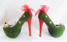 Cargar imagen en el visor de la galería, Little Red Riding Hood Miniature Flower Rose Custom 3D Ribbon Charm Wood Green Glitter Shoe High Heel Size 3 4 5 6 7 8  Platform UK Women
