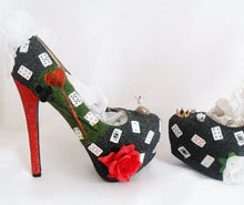 Cargar imagen en el visor de la galería, Alice In Wonderland Queen Of Hearts White Party Flower Custom Glitter Ribbon Red Shoe High Heel Size 3 4 5 6 7 8  High Platform UK Women
