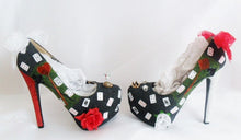 Cargar imagen en el visor de la galería, Alice In Wonderland Queen Of Hearts White Party Flower Custom Glitter Ribbon Red Shoe High Heel Size 3 4 5 6 7 8  High Platform UK Women
