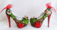 Load image into Gallery viewer, Little Red Riding Hood Miniature Flower Rose Custom 3D Ribbon Charm Wood Green Glitter Shoe High Heel Size 3 4 5 6 7 8  Platform UK Women
