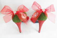 Load image into Gallery viewer, Little Red Riding Hood Miniature Flower Rose Custom 3D Ribbon Charm Wood Green Glitter Shoe High Heel Size 3 4 5 6 7 8  Platform UK Women
