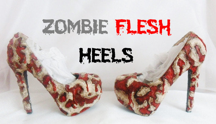 Zombie Flesh Custom Hand Sculpt Paint Red Ribbon Black Skin Shoe Size 3 4 5 6 7 8  Kraken High Heel Platform Blood Gore goth gothic fashion