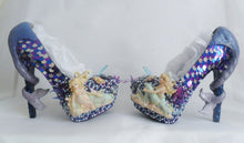 Load image into Gallery viewer, Mermaid Heels Custom Hand Sculpt Paint Purple Blue White Shoe Size 3 4 5 6 7 8  High Platform Pearls Shell Sea Sequins Starfish Plant Clam
