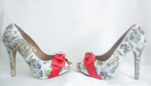 Load image into Gallery viewer, John Tenniel&#39;s Classic 1865 Alice In Wonderland Decoupage Custom Peep Toe Women Glitter Handmade Shoe High Heel Size 3 4 5 6 7 8 Platform
