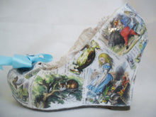 Load image into Gallery viewer, John Tenniel&#39;s Classic 1865 Alice In Wonderland Decoupage Custom Wedge Handmade Shoe High Heel Blue Wedding Bridal Size 3 4 5 6 7 8 Platform
