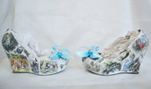 Load image into Gallery viewer, John Tenniel&#39;s Classic 1865 Alice In Wonderland Decoupage Custom Wedge Handmade Shoe High Heel Blue Wedding Bridal Size 3 4 5 6 7 8 Platform
