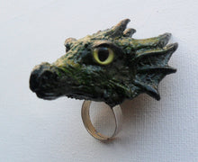 Load image into Gallery viewer, Earth Dragon Head Ring Custom Hand Sculpt Paint Earth Green Yellow Reptile Adjustable Mens Womens Unisex Jewelry goth gothic rockabilly
