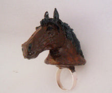Load image into Gallery viewer, Horse Head Ring Custom Hand Sculpt Paint Chesnut Silver Adjustable Mens Womens Kraken octopus Unisex Jewelry Unicorn Race
