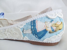 Lade das Bild in den Galerie-Viewer, John Tenniel&#39;s Classic 1865 Alice In Wonderland Lace Fabric Custom Dolly Ribbon Blue Shoe Flat Size 3 4 5 6 7 8 Wedding Bridal UK Mad Women
