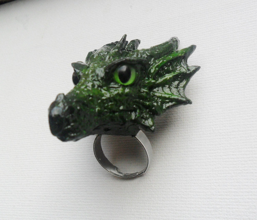 Earth Dragon Head Ring Custom Hand Sculpt Paint Earth Green Yellow Reptile Adjustable Mens Womens Unisex Jewelry goth gothic rockabilly