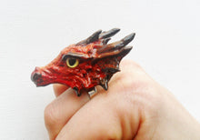 Load image into Gallery viewer, Fire Dragon Head Ring Custom Hand Sculpt Paint Red Yellow Black Multicolour Adjustable Kraken Mens Womens Unisex Octopus Jewelry
