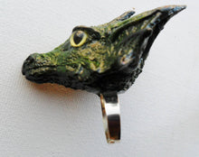 Cargar imagen en el visor de la galería, Earth Dragon Head Ring Custom Hand Sculpt Paint Earth Green Yellow Reptile Adjustable Mens Womens Unisex Jewelry goth gothic rockabilly
