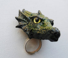 Load image into Gallery viewer, Earth Dragon Head Ring Custom Hand Sculpt Paint Earth Green Yellow Reptile Adjustable Mens Womens Unisex Jewelry goth gothic rockabilly
