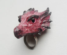 Load image into Gallery viewer, Morganite Dragon Head Ring Custom Hand Sculpt Paint Black Pink Adjustable Mens Womens Unisex Jewelry goth gothic rockabilly alternative
