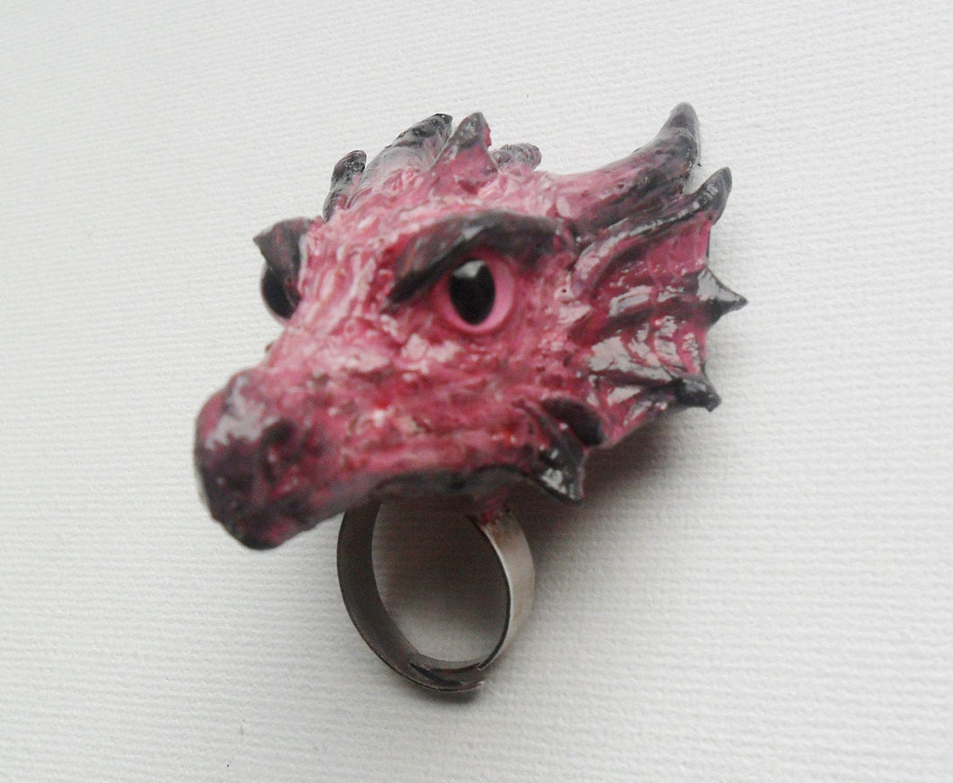 Morganite Dragon Head Ring Custom Hand Sculpt Paint Black Pink Adjustable Mens Womens Unisex Jewelry goth gothic rockabilly alternative