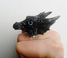 Load image into Gallery viewer, Dragon Head Ring Custom Hand Sculpt Paint Black Multicolour Adjustable Mens Womens Unisex Jewelry Goth Gothic rockabilly alternative
