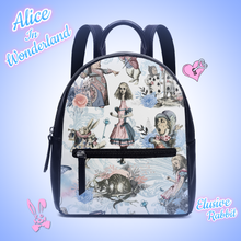 Load image into Gallery viewer, Alice in Wonderland Backpack White and Baby Blue Pattern
