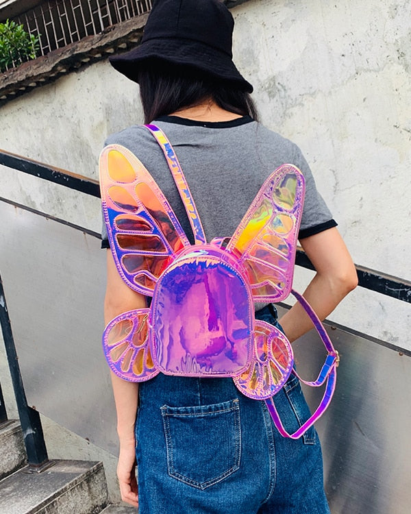 Fashion Women s Laser Holographic Leather Mini Backpack Butterfly Ange ElusiveRabbit