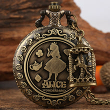 Charger l&#39;image dans la galerie, Retro Bronze Dream Alice in Wonderland Rabbit Poker Carousel Accessory Quartz Pocket Watch Chain Necklace Pendant for Girl Women
