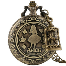 Charger l&#39;image dans la galerie, Retro Bronze Dream Alice in Wonderland Rabbit Poker Carousel Accessory Quartz Pocket Watch Chain Necklace Pendant for Girl Women
