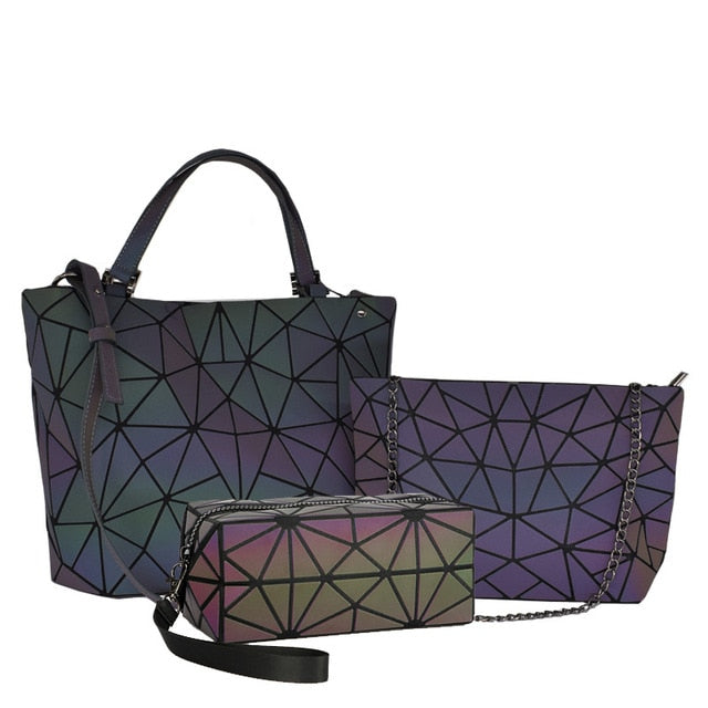 Women Handbags 3 Pcs Bag Set Crossbody Bags For Women Geometric Luminous Shoulder Bag Female Purse And Handbag Tote Holographic