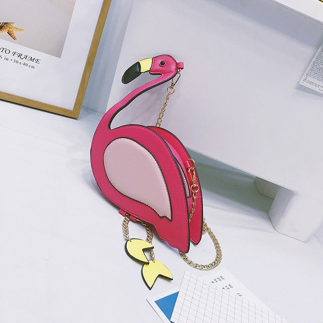 Boutique De FGG Novelty Funny Flamingo Shape Women Chain Shoulder Handbags Crossbody Bag Faux Leather PU Small Animal Handbags