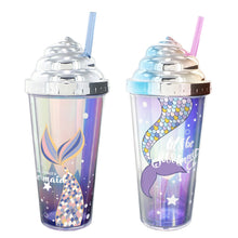 Load image into Gallery viewer, Summer Straw Cup with Sealing Cover, Double-Layer Reusable Tumbler Cup with Mermaid Patterns, BPA Free
