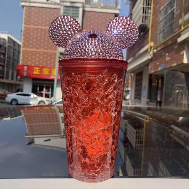 500ML Mug Cute Mickey Plastic Cup Diamond Broken Ice Cup Rhinestone Cup Cute Simple Water Cup Straw Creative Double Cup