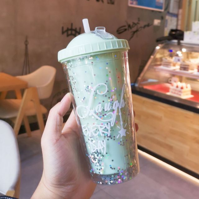 New Creative Rainbow Plastic Water Cup Fashion Large Capacity Women's Straw Cup Mori Double Layer Color Pearl Drink Cup
