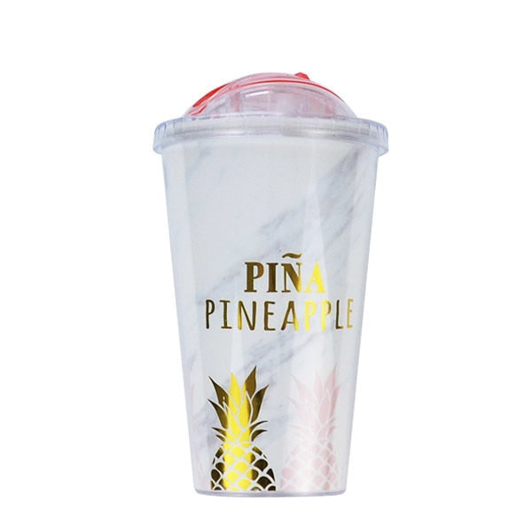 Pink Pineapple Coffee Mugs BPA Free Plastic Water Bottle Travel Mug Portable Tea Milk Juice Cup With Straw Drinkware 420ML 1pc