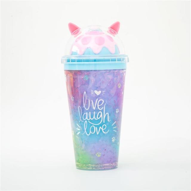 Girl's Cat Claw Cup Korean Summer Ice Cup Double Layer Cooling Lovely Fresh Plastic Water Bottle With Straw And Cover